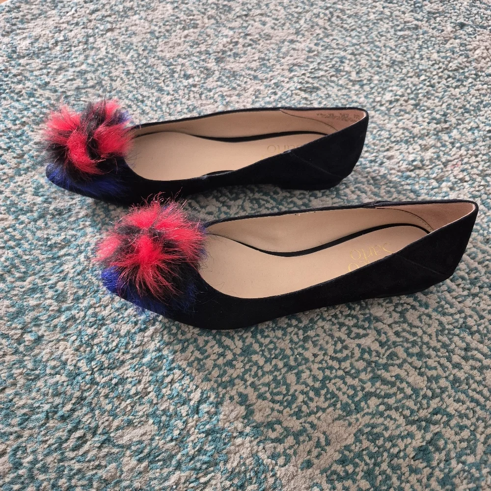 Franco Sarto Sukie Black Suede Flats Pom Pom Accent Pointed Toe Womens Sz 5.5 M